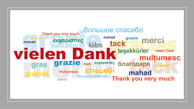 The phrase "thank you" in many languages.